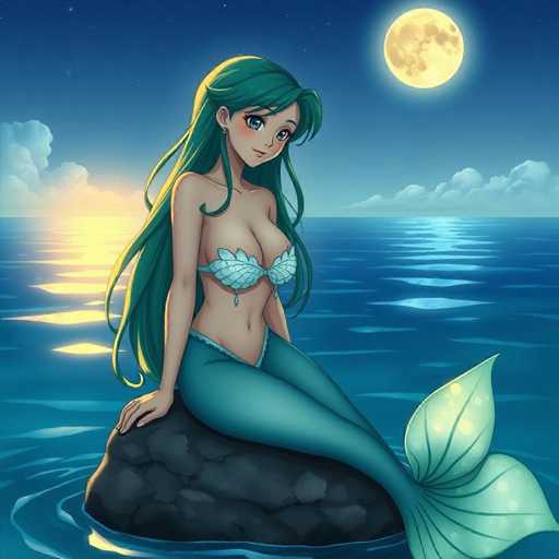This detailed illustration depicts a mermaid with long, flowing green hair and large, expressive blue eyes. She is adorned with a leafy bra and a matching leafy bikini bottom. Her tail, which is green with darker green lines and light green accents, gracefully extends behind her. The mermaid is perched on a large, dark gray rock that emerges from the ocean. The scene is set at night, with a luminous full moon casting a soft glow over the water. The sky is a deep blue, dotted with stars and a few clouds. The moonlight reflects beautifully on the water, creating a serene and enchanting atmosphere.