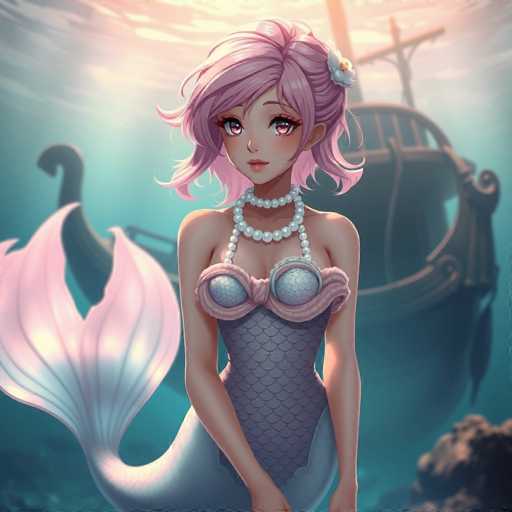 This detailed illustration depicts a mermaid with pink hair and a white flower adorning the left side of her head. She has striking pink eyes and is dressed in a gray, scaly mermaid outfit. Her attire features a distinctive pink band that wraps around her chest, with two blue, scale-patterned cups covering her breasts. Around her neck, she wears a double strand of white pearls. The mermaid's tail is pink with white accents, and she stands with her arms at her sides, looking directly at the viewer. In the background, a brown ship with a curved front and a cross-like structure on top is visible. The scene is set underwater, with sunlight filtering through the water, creating a serene and enchanting atmosphere.