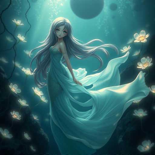 This captivating digital artwork features a young woman with long, flowing gray hair and striking blue eyes, standing gracefully in a serene underwater scene. She is adorned in a flowing, strapless blue dress that billows around her, creating an ethereal effect. The dress has a sheer, flowing skirt that extends to the right, adding to the dreamlike quality of the image. Her hair cascades down her back, blending seamlessly with the aquatic environment.

The background is a mesmerizing blend of light and dark blue hues, illuminated by sunlight that filters down from above, casting a gentle glow on the scene. Surrounding her are delicate white flowers with yellow centers, floating gracefully on both sides, enhancing the magical underwater ambiance. The woman's pose is elegant, with her right arm extended behind her, and her gaze is directed towards the viewer, creating a sense of connection.

In the upper right corner of the image, a large, dark blue circle adds an intriguing element to the composition, while smaller circles are scattered around the scene, contributing to the overall mystical atmosphere. The entire image is a harmonious blend of colors and elements, creating a visually stunning and enchanting underwater fantasy.