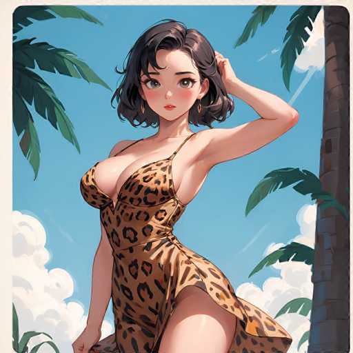 This image features a detailed, computer-generated drawing of an anime-style woman. She has shoulder-length black hair and is wearing a tight, brown leopard print dress that accentuates her figure. The dress has thin straps over her shoulders and a high slit on the right side, revealing her leg. The woman is standing with her left arm raised, her hand resting on the back of her head, and her right arm hanging by her side. She is looking directly at the viewer with a slight smile, her lips slightly parted. The background is a bright blue sky with white clouds, and there are palm trees on either side of her, with the trunk of one tree visible on the right. The overall scene is vibrant and colorful, with the woman's dress and the palm leaves adding rich brown and green tones to the composition.