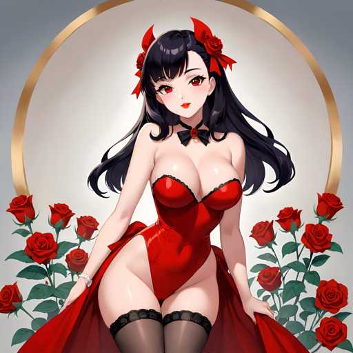 The image depicts a woman with long dark hair wearing a red dress and black stockings. She is standing against a backdrop of red roses and a gold frame. The woman has her arms crossed in front of her and is looking directly at the camera.