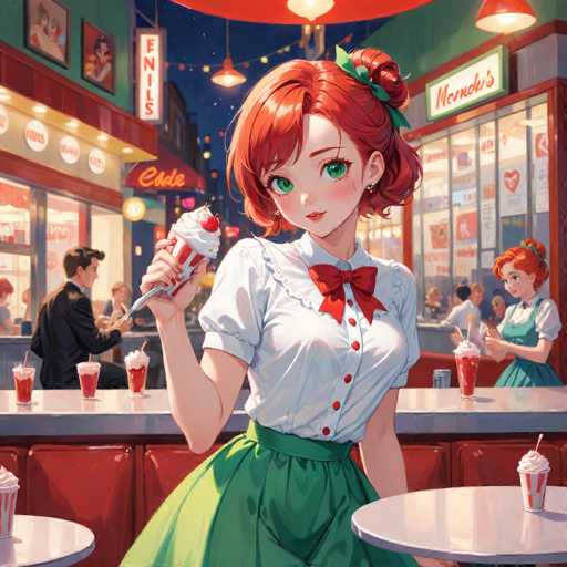 In this vibrant, cartoon-style illustration, a young woman with striking red hair and large green eyes stands at the center of a bustling ice cream parlor. She is dressed in a white shirt adorned with a red bow tie and a green skirt, holding a vanilla ice cream cone topped with a cherry. The parlor is lively, with another red-haired woman in the background wearing a green apron, serving strawberry milkshakes. The scene is set at night, with the parlor's interior illuminated by warm lights, contrasting with the dark blue sky outside. The parlor's name, "Mondrian's," is prominently displayed on a sign above the entrance. The background features additional signs, including one that reads "Ennis," and a man in a suit is seated at the counter, enjoying his milkshake. The overall atmosphere is one of whimsical charm and nostalgic comfort.