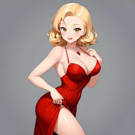 The image features an anime-style drawing of a woman with a striking appearance. She has shoulder-length, wavy blonde hair and large, expressive brown eyes. Her face is adorned with a small, delicate nose and a hint of red lipstick. Around her neck, she wears a white pearl necklace with a prominent red pendant. Her attire is a form-fitting, red dress that accentuates her figure, particularly her large chest. The dress has thin straps and a slit that reveals her leg. She is posed with one hand on her hip and the other hand raised, as if she is about to touch her hair. The background is a simple gray, which helps to emphasize the detailed and vibrant features of the woman.