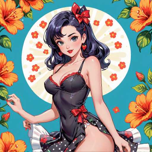 This image features a detailed drawing of an anime-style woman with long, wavy black hair adorned with a red bow. She has striking blue eyes, red lips, and is wearing heart-shaped red earrings. The woman is dressed in a black dress with red trim, which has a low-cut neckline and thin straps. The dress is accentuated with a red bow at the waist and extends into a polka dot pattern at the bottom. She is posed with her left hand holding the hem of her dress, revealing her leg, while her right hand is raised, touching a green leaf. The background is a light blue, decorated with orange flowers and green leaves. Behind the woman, there is a white circle with yellow lines radiating outward, and within this circle are smaller red flowers, adding to the intricate and vibrant composition of the artwork.