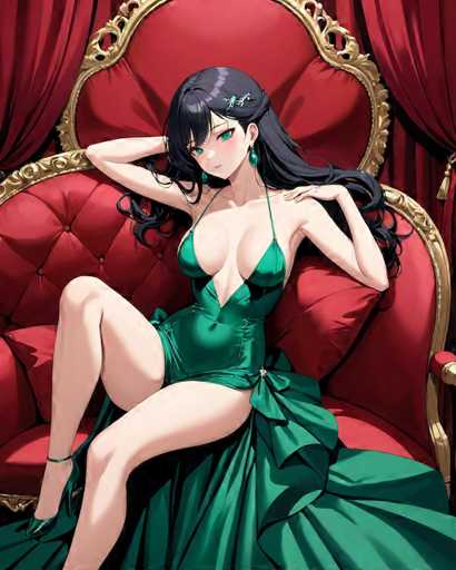 This detailed anime-style illustration features a striking woman seated on an ornate red chair with gold trim. The chair is positioned against a backdrop of rich red curtains, adding to the luxurious atmosphere. The woman, with her long black hair cascading down to her waist, has bangs that frame her face. She is adorned with a green barrette on the left side of her head and wears elegant green earrings. Her attire is a captivating green dress that combines elements of a corset and a ball gown. The dress is form-fitting from the chest to the waist, accentuating her figure, and then flares out into a voluminous skirt with ruffles at the bottom. She completes her ensemble with green high heels. The woman's pose is relaxed yet alluring, with her left arm resting on the back of the chair and her right arm behind her head. Her legs are bent, with her right leg drawn up towards her chest, adding a touch of sensuality to the scene.