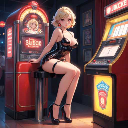 The image depicts a woman sitting on a stool next to a red slot machine with a cartoon character on the front of it. The woman is wearing a black dress and high heels, and she has blonde hair styled in loose curls. In the background, there are other people present but they are blurred out.