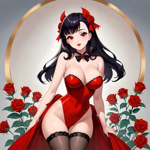 This image features a detailed, computer-generated anime-style drawing of a young woman with long, flowing black hair and bangs. She has striking red eyes and is adorned with red devil horns on either side of her head. Her attire includes a revealing red corset that exposes her legs, complemented by black garter stockings. She is holding the sides of her corset with both hands, revealing a diamond ring on her right hand. A black choker with a red jewel and bow tie accentuates her neck. The background is a light gray, framed by a gold circle, with red roses and green leaves scattered around her. The overall composition highlights her curvaceous figure and the intricate details of her outfit and accessories.