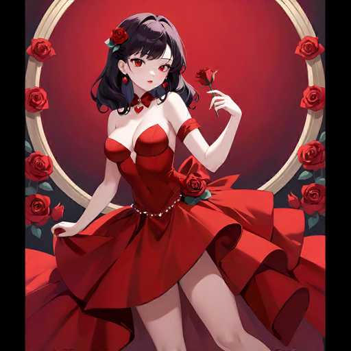 The image features a striking anime-style woman with long, dark hair adorned with a red rose. Her eyes are a captivating shade of red, and she wears a heart-shaped earring on her right ear. She is dressed in a low-cut, red dress that accentuates her cleavage and has a ruffled bottom. The dress is cinched at the waist with a belt made of white pearls. In her left hand, she holds a red rose, while her right hand rests on the dress. The background is a rich red color, framed by a white circular border decorated with red roses. The overall composition exudes a romantic and dramatic atmosphere.