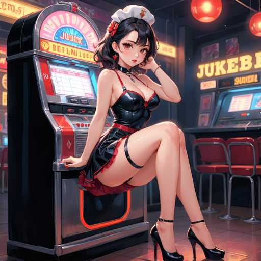 In this vibrant, cartoon-style image, a young woman with striking black hair and large, expressive brown eyes is depicted sitting on a jukebox in a lively bar or arcade setting. She is dressed in a provocative outfit that includes a black leather dress with red trim, a red belt, and black garters. Her ensemble is completed with black high heels and a white sailor's hat adorned with a red flower. The jukebox she sits on is predominantly black with red accents and features a blue screen displaying the word "juke." The background reveals more jukeboxes and red chairs, enhancing the bar's energetic atmosphere. The woman is posed with her left hand resting on her cheek and her right hand on the jukebox, her legs crossed as she gazes directly at the viewer.