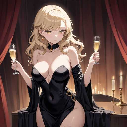 The image depicts a striking anime-style woman with long, wavy blonde hair cascading down her shoulders. She has large, expressive brown eyes and is adorned with a black choker necklace featuring a gold pendant. Her attire is a revealing black dress that accentuates her ample chest and long, slender legs. The dress has a deep V-neckline that plunges down to her belly button, and it is complemented by a cape-like garment draped over her arms. She holds two champagne glasses, one in each hand, and her nails are painted black. The background is a rich tapestry of red and brown hues, with a table behind her adorned with several lit candles in gold candlesticks. The scene is framed by red curtains on either side, adding to the luxurious and dramatic ambiance.