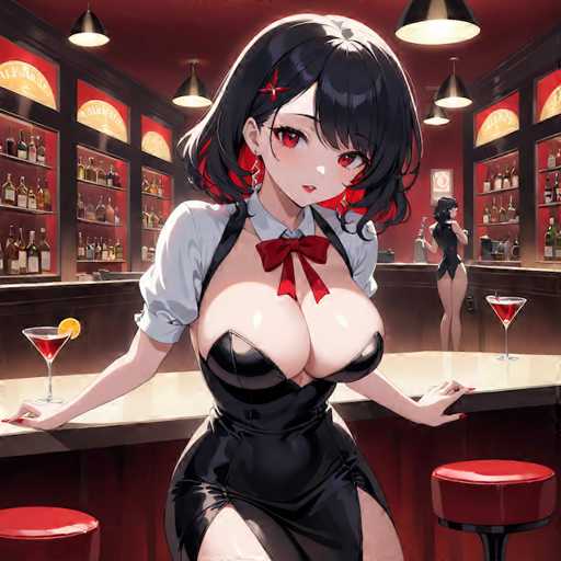 In this vibrant and detailed illustration, a striking anime-style woman stands confidently at the center of a bustling bar. She has captivating red eyes and black hair adorned with a red flower clip on the left side. Her attire is a revealing black dress that accentuates her large chest, complemented by a white shirt underneath. A red bow tie adds a touch of elegance to her ensemble. Her nails are painted a bold red, and she holds a martini glass filled with a red liquid and garnished with an orange slice in her right hand. 

The bar around her is lively, with a bartender in the background preparing drinks. The bar counter is adorned with two red stools and two martini glasses, one on each side of the woman. The background features shelves stocked with various bottles of alcohol, illuminated by hanging lights, adding to the warm and inviting atmosphere of the bar. The overall scene is rich in detail, capturing the essence of a dynamic and colorful setting.