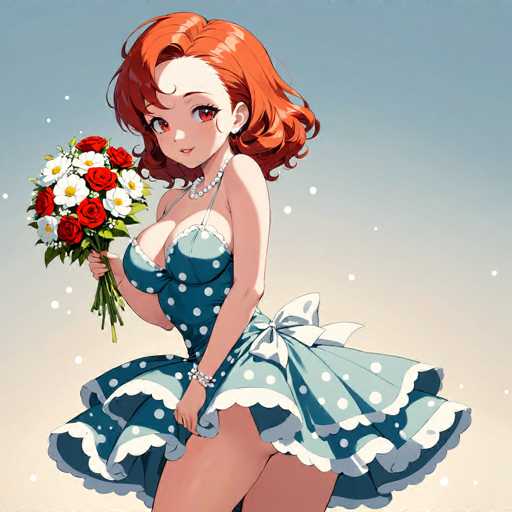 This image features a detailed drawing of an anime-style woman with striking red hair and matching red eyes. She is dressed in a revealing blue dress adorned with white polka dots, which accentuates her large bust and long legs. The dress is designed with thin straps over her shoulders and a short skirt that flares out, ending just above her thighs. A white bow is prominently placed at the back of her dress, adding a touch of elegance. She accessorizes with a white pearl necklace and a bracelet on her right wrist, which she uses to hold the dress in place. In her left hand, she holds a bouquet of red roses and white flowers with yellow centers, adding a romantic element to the scene. The background is a gradient of blue at the top transitioning to white at the bottom, with small white dots scattered throughout, creating a dreamy atmosphere. The woman is depicted from a front view, gazing directly at the viewer with a serene expression.