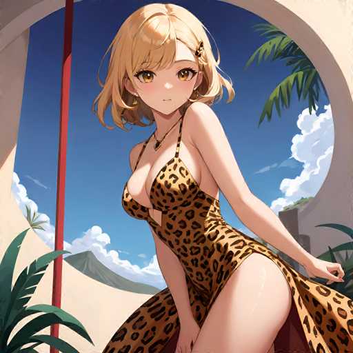 The image depicts a detailed anime-style drawing of a young woman with shoulder-length, wavy blonde hair adorned with a barrette on the left side. She has large, expressive brown eyes and is wearing a gold necklace with a heart-shaped pendant. Her attire is a revealing, one-piece leopard print dress that accentuates her cleavage and features a high slit on the right side, showcasing her leg. The dress is held up by thin straps over her shoulders. She is standing in a desert-like setting, with sand dunes and a prominent mountain in the background. The sky is a clear blue with a few white clouds, and palm trees are visible on both sides of the image. The woman is positioned in front of a large, arched doorway, with her body facing left while she looks directly at the viewer over her shoulder. A red pole is situated to her left, and she appears to be holding the sides of her dress with both hands.