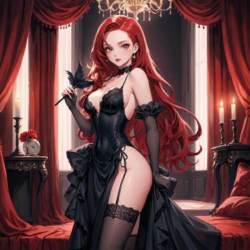 The image depicts a striking anime-style woman with long, flowing red hair that cascades down to her waist. She is dressed in a revealing black corset that accentuates her figure, paired with black stockings. In her right hand, she holds a black feather, while her left hand is positioned behind her. The woman stands in a room with a bed behind her, adorned with red pillows and a red blanket. To her left, there is a nightstand featuring a clock and a lit candle, with two red roses placed in front of it. On the right side of the image, another nightstand is visible, holding three lit candles. The room is further illuminated by natural light streaming through two windows, each covered with red curtains. A chandelier hangs from the ceiling, adding an elegant touch to the scene.