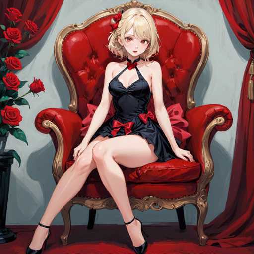 In this captivating anime-style illustration, a young woman with short blonde hair adorned with a red ribbon sits gracefully on a luxurious red velvet chair. The chair, exuding elegance with its gold trim and high back, features a plush red cushion and a matching red pillow behind her. She is dressed in a striking black dress that accentuates her figure, with thin straps and a low neckline. The dress is adorned with red bows at the bust and hip areas, adding a touch of whimsy to her attire. Her ensemble is completed with black high heels that have ankle straps, and she sits with her legs crossed, exuding poise and confidence. The scene is set against a backdrop of a light blue wall, with a red curtain elegantly draped to her right. To her left, a black vase filled with vibrant red roses adds a splash of color and completes the sophisticated atmosphere.