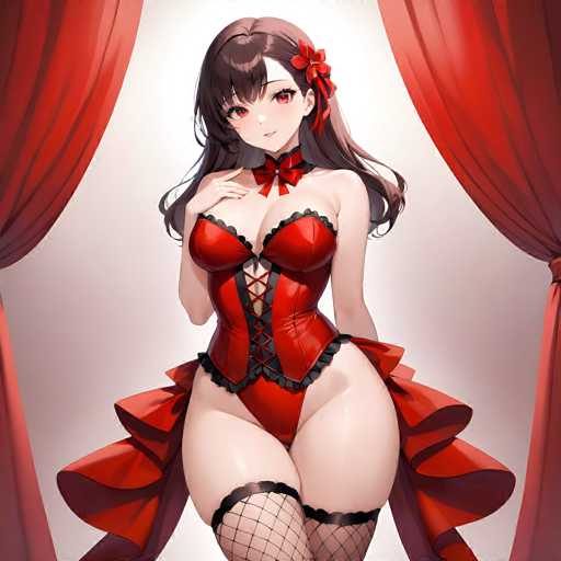 The image features a striking anime-style female character set against a white background. She is adorned in a revealing red corset that accentuates her large breasts and long, slender legs. The corset is laced up the front with black strings, and it has a ruffled design at the top and bottom. A red bow tie adorns her neck, complementing the corset. She wears fishnet stockings that add to her allure. Her long brown hair cascades down her back, and she has a distinctive white bandage wrapped around her forehead, adorned with a red flower. The character's eyes are a captivating shade of pinkish-red, and she gazes directly at the viewer. Flanking her on either side are red curtains, adding a dramatic flair to the composition.