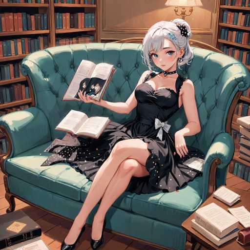 In this captivating image, a young woman is depicted in a detailed anime style, sitting gracefully on a plush, greenish-blue chair. She is dressed in a striking black dress adorned with a bow at the back, and her ensemble is completed with elegant black high heels. Her hair, a delicate shade of whitish-gray, is styled in a bun, adding to her poised appearance. She holds a book in her hand, which features an illustration of a girl with black hair, seemingly depicting the woman herself. 

The setting is richly detailed, with a wooden floor and a table in the bottom right corner, cluttered with various books. Behind her, a wall of bookshelves filled with an array of books adds depth to the scene. The wall itself is painted a warm brown, complementing the overall cozy and intellectual atmosphere. The image is devoid of any text, allowing the viewer to fully immerse in the visual narrative.