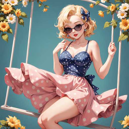 The image depicts a detailed, computer-generated illustration of a young woman with a distinct anime-inspired style. She is seated on a white, wooden swing, which is adorned with vibrant yellow and white flowers, green leaves, and orange blossoms. The background is a serene blue, enhancing the overall aesthetic. The woman has short, wavy blonde hair, styled with a blue bow that matches her attire. She wears large, dark sunglasses and red lipstick, adding to her striking appearance. Her outfit consists of a blue, polka-dotted halter top with a bow at the center, and a pink skirt that is also polka-dotted and tied at the back. The skirt flutters slightly in the wind, revealing her bare legs. She accessorizes with blue earrings and has her hands raised, with one hand near her chin and the other holding the swing's edge. The image captures her in a moment of relaxed elegance, with the swing's floral decorations adding a touch of natural beauty to the scene.