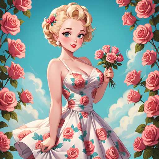 This vibrant, cartoon-style illustration features a young woman with short blonde hair styled in soft curls, adorned with a pink flower and a blue leaf. She has striking blue eyes, red lips, and is wearing white earrings. Her attire is a white dress with thin straps, embellished with pink roses and green leaves, and cinched at the waist with a white belt. She holds a bouquet of pink roses in her left hand, while her right hand lifts the hem of her dress, revealing more of the floral pattern. The background is a serene blue sky with white clouds, framed by vertical rows of pink roses with green leaves on either side of her. The overall scene is bright and colorful, with a clear, sunny atmosphere.