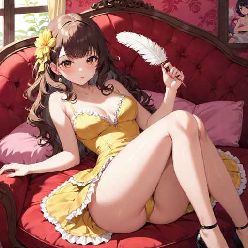 In this detailed anime-style illustration, a young woman with long, dark brown hair adorned with a yellow flower is seated on a plush, red tufted sofa. She is wearing a revealing yellow dress with thin straps and a deep V-neckline, which accentuates her large breasts. The dress features a white frill along the hemline and is designed to be very short, exposing her legs. Her feet are adorned with black high heels, each with a strap around the ankle. The woman's expression is one of surprise, with wide eyes and a slightly open mouth, as she gazes directly at the viewer. In her left hand, she holds a quill pen with a white feather, while her right hand rests on the arm of the sofa. The background includes a window with a yellow curtain, a pink wall, and a framed picture of another woman in a white dress with black hair. The overall scene is rich in detail, capturing the essence of a classic anime aesthetic.
