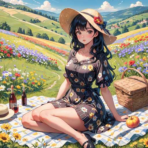 In this vibrant anime-style illustration, a young woman with long, dark hair adorned with a red and yellow flower sits gracefully on a picnic blanket. She wears a wide-brimmed straw hat, secured with a black band, and a brown dress decorated with white and yellow flowers. Her legs are elegantly crossed as she poses for the viewer. The picnic setting is picturesque, with a wicker basket and a bottle of wine placed to her left, and a glass of wine and a hat nearby. A small pumpkin rests on the blanket to her right. The background showcases a stunning landscape of rolling hills, lush green grass, and colorful flowers in shades of purple, red, and yellow. A winding path meanders through the hills, leading to a distant village nestled among the trees. The sky above is a clear blue, dotted with fluffy white clouds, completing this serene and idyllic scene.
