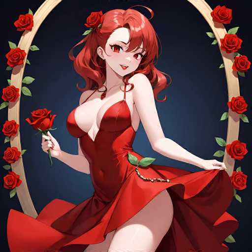 This image features a detailed drawing of an anime-style woman with striking red hair and matching red eyes. She is dressed in a form-fitting, low-cut red dress that accentuates her large bust and long, slender legs. The dress is adorned with a small red gem on the left side of her chest and a beaded chain on the right side, which is attached to a green leaf. The woman is holding a red rose in her right hand, while her left hand lifts the hem of her dress to reveal her legs. She stands in front of a large, oval-shaped mirror that is decorated with red roses and green leaves along its edges. The background is a dark blue, adding contrast to the vibrant colors of her attire and the mirror.