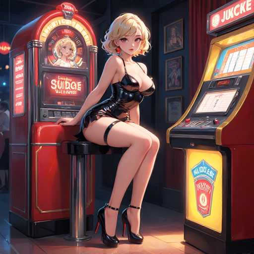 In this captivating image, a young woman with striking blonde hair and large, expressive brown eyes is seated on a sleek, black stool. She is dressed in a form-fitting, black leather dress that accentuates her figure, paired with elegant black high heels. The setting appears to be a vibrant arcade, illuminated by the warm glow of numerous lights. Behind her, a vintage red jukebox stands out, adorned with a picture of the same woman and the word "S U I G E" prominently displayed in white letters. To her right, a red and yellow slot machine adds to the lively atmosphere. The background features a blue wall decorated with framed pictures, and a red curtain drapes to the right, enhancing the cozy ambiance. The floor beneath her is a light brown, completing the scene with a touch of warmth.
