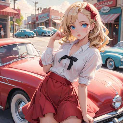 In this vibrant, cartoon-style illustration, a young woman with long, curly blonde hair adorned with a red bow stands confidently in front of a vintage red car, reminiscent of a 1950s model. She is dressed in a crisp white button-up shirt, accentuated by a black bow tie at the collar, and a red skirt that falls just above her knees. Her striking blue eyes and rosy cheeks add a touch of realism to her anime-inspired appearance. The background features a bustling street scene with several classic cars from the 1950s and 1960s, including a red car, a blue car, and a green car, all parked along the street. The setting is framed by a row of small, colorful storefronts, with one prominently displaying a red sign with white lettering. The sky above is a clear blue, dotted with fluffy white clouds, completing this nostalgic and lively urban tableau.