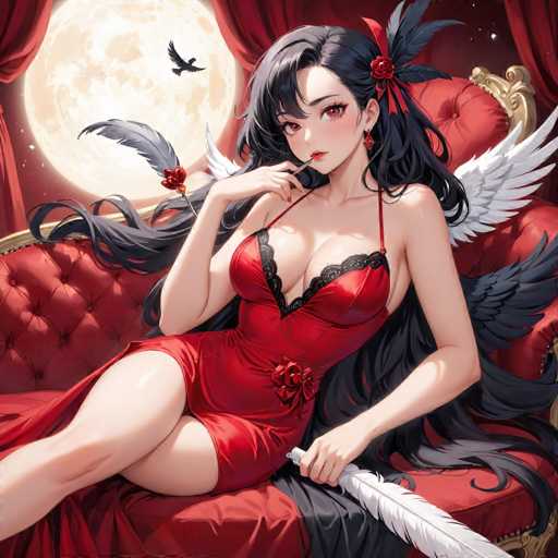 The image depicts a detailed, computer-generated anime-style illustration of a young woman with long, dark hair adorned with a red rose and black feathers. She has striking red eyes and is dressed in a revealing, low-cut red dress with black lace trim, which is short in the front and long in the back. The dress features a red rose at the waist. The woman is seated on a luxurious red velvet couch with gold trim, her legs crossed as she gazes directly at the viewer. In her left hand, she holds a large white feather, while her right hand is raised to her mouth, with her index finger resting on her bottom lip. Behind her, a large white moon illuminates the scene, and a black bird is captured in flight. The background is a deep red, enhancing the overall dramatic and enchanting atmosphere of the image.