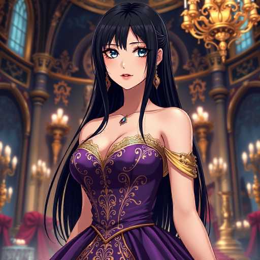 This detailed illustration depicts a young woman with long, dark hair and striking blue eyes, standing in an opulent ballroom. She is adorned in a stunning purple dress embellished with intricate gold designs, featuring a sweetheart neckline and a corset-like bodice. The dress is accentuated with gold trim and a gold band at the waist, while a gold sleeve graces her left arm. Her ensemble is completed with a delicate necklace that boasts a green gemstone. The ballroom itself is lavishly decorated, with gold chandeliers and candelabras illuminating the space. The walls are adorned with red drapery, and the ceiling is painted a deep blue, adding to the grandeur of the setting. The woman gazes directly at the viewer, exuding elegance and poise.