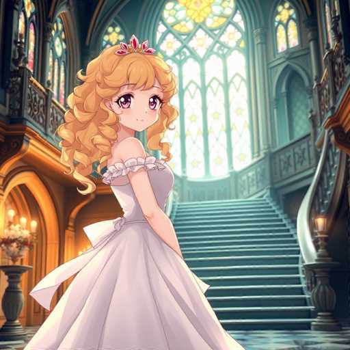 A young girl with curly hair is standing on a staircase in front of a large window that offers a view of the outside world. She is wearing a white dress and a tiara. The room has a high ceiling adorned with stained glass windows, giving it an ethereal glow. A chandelier hangs from the ceiling, casting light onto the girl's face as she gazes at it.