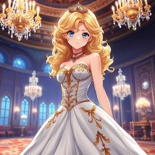 The image depicts a detailed, computer-generated scene reminiscent of a video game or animated movie. At the center stands a young woman with long, curly blonde hair cascading past her shoulders. She has striking blue eyes and wears a delicate tiara adorned with a large, round blue jewel and smaller jewels. Her attire includes a white dress with intricate gold embroidery, featuring a sweetheart neckline and a corset-like bodice. A choker necklace with a central jewel complements her outfit. The woman gazes directly at the viewer with a neutral expression.

The setting is a grand, ornate room with a domed ceiling. The walls are painted a deep blue, and the floor is covered with a red carpet featuring a white pattern. The room is illuminated by numerous chandeliers, including a prominent one in the upper left corner and another in the upper right. Additional chandeliers are positioned along the walls, enhancing the room's opulent atmosphere. The overall scene exudes a sense of elegance and grandeur, with the woman as the focal point amidst the lavish surroundings.