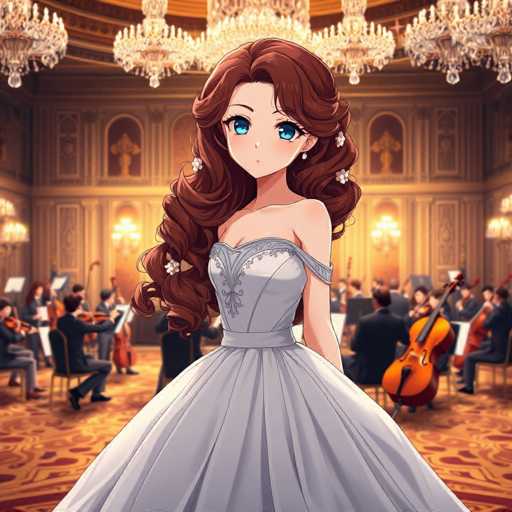 The image depicts a highly detailed, computer-generated anime-style illustration of a young woman. She has long, wavy brown hair adorned with white flowers and wears a strapless, light gray dress with intricate lace detailing. Her large, expressive blue eyes and small, delicate features give her a charming appearance. The woman stands in the foreground, facing the viewer, with her body slightly angled to the left.

Behind her, a grand orchestra is in full swing, seated in elegant chairs. The musicians, dressed in formal attire, play a variety of instruments including violins, cellos, and possibly a bass. The setting is a luxurious ballroom, characterized by its opulent decor. The floor is covered with a rich, orange carpet featuring a red pattern. The walls are adorned with intricate gold designs and illuminated by numerous chandeliers hanging from the ceiling. The overall ambiance suggests a sophisticated and elegant environment, possibly a high-end concert or formal event.