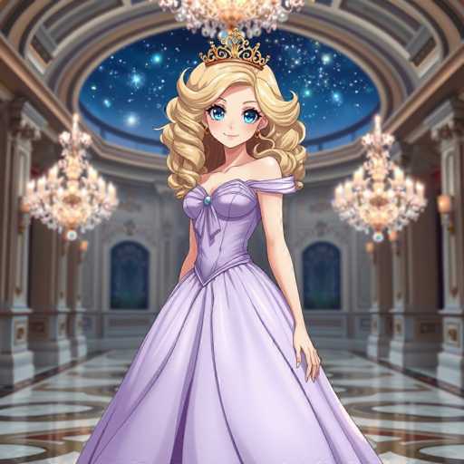 The image features a detailed, computer-generated illustration of a young woman with long, curly blonde hair and large, expressive blue eyes. She is adorned with a delicate gold crown and is dressed in an elegant purple ball gown that has one strap off her shoulder. The gown is embellished with a small blue gem at the bodice. The woman stands in a grand, ornate hall characterized by its marble floors and tall, white columns. The ceiling is particularly striking, featuring a large circular opening that reveals a starry night sky. Adding to the opulence of the scene, two grand chandeliers hang on either side of her, casting a soft glow. The overall composition exudes a sense of regal elegance and fantasy.