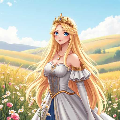 This detailed illustration depicts a princess standing in a picturesque field of flowers. She is adorned in a flowing white dress with intricate gold trim, featuring a corset-like bodice that accentuates her elegant figure. Her long, flowing blonde hair cascades down her back, and she wears a regal gold crown embellished with a blue jewel at its center. Around her neck, she sports a delicate necklace with a matching blue jewel. The princess's striking blue eyes and fair complexion add to her ethereal beauty. She stands amidst a vibrant array of flowers, including white daisies and pink blossoms, with lush green grass beneath her feet. The background reveals rolling hills and distant mountains under a clear blue sky dotted with fluffy white clouds, creating a serene and enchanting scene.