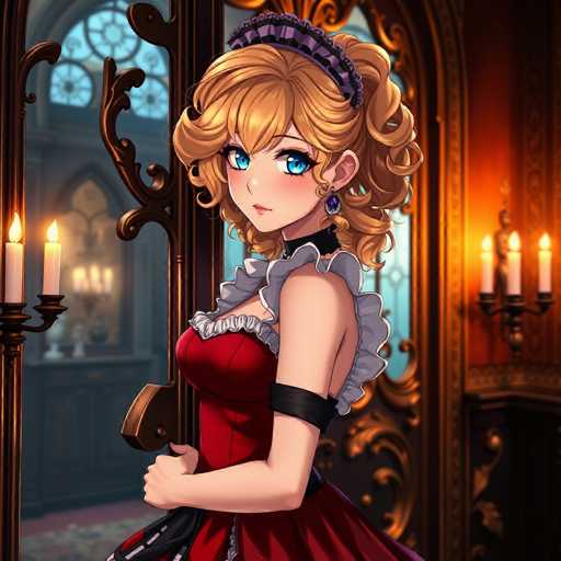 This detailed illustration depicts a young woman in a cartoon style, reminiscent of characters from video games or anime. She has long, curly blonde hair adorned with a purple and black hat, and her striking blue eyes are accentuated by long eyelashes. Her attire includes a red dress with white frills around the shoulders and a black choker around her neck. A black band encircles her upper arm, adding to her intricate appearance. She stands in front of a large, ornate wooden door, which features an arched top and is flanked by two candelabras, each holding three lit candles. The background reveals a room with a red wall and a wooden floor, enhancing the overall medieval or fantasy ambiance of the scene.