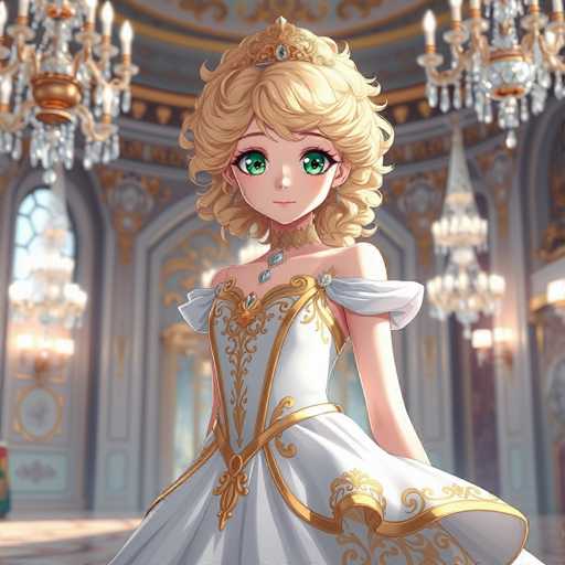 This image features a detailed illustration of an anime-style princess. She has long, curly blonde hair adorned with a small crown, and her large green eyes are accentuated by long eyelashes. Her face is framed by a delicate necklace with a central diamond. She is dressed in an elegant white gown with puffy sleeves that taper off at her shoulders, and the dress is embellished with intricate gold designs. The background showcases a grand, ornate room with a high ceiling and multiple chandeliers hanging from it. The walls are decorated with gold accents and feature a large window on the left side, through which light streams in. The room's floor is a light brown color, adding warmth to the overall scene.