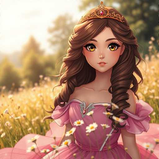 This image features a beautifully detailed, computer-generated illustration of a young woman with long, wavy brown hair cascading down to her chest. She has striking yellow eyes and is adorned with a delicate gold crown, embellished with a red jewel at its center. Her attire is a pink dress with puffy sleeves and a low neckline, complemented by a sheer pink skirt. The dress is further adorned with a silver butterfly-shaped brooch, also featuring a red jewel, and a white strap that wraps around her waist. The woman is seated in a lush field of tall grass, dotted with white flowers that have yellow centers. The background is softly blurred, showcasing a serene landscape of trees and a light blue sky, enhancing the dreamy and ethereal quality of the scene.