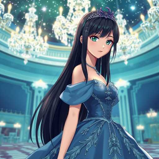In this captivating image, an anime-style girl stands gracefully in a stately building. She is adorned in a stunning blue dress that features intricate leaf patterns and delicate beading. The dress has a corseted bodice and a flowing skirt, with one shoulder strap elegantly draped over her arm. Her long, dark hair cascades down her back, complementing her silver tiara embellished with a purple flower. Around her neck, she wears a matching blue necklace. The girl's large, expressive green eyes and small mouth add to her ethereal appearance.

The setting around her is equally enchanting. The building's interior boasts a grand, domed ceiling with a starry night sky painted on it. Multiple chandeliers hang from the ceiling, casting a warm glow over the scene. The walls are a rich blue, adorned with white pillars that feature gold accents at their tops. The floor is a striking red and white checkered pattern, adding a touch of regal elegance to the overall ambiance.