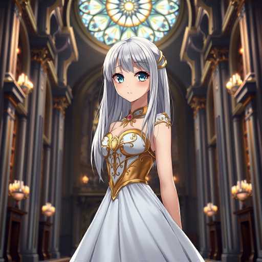The image features a detailed, computer-generated depiction of an anime-style girl standing in the center of a grand, ornate building. The girl has long, silver hair with bangs that partially cover her large, expressive blue eyes. She is adorned in a white dress with intricate gold accents, including a gold belt and shoulder straps. A red gem is prominently displayed on her chest, adding to her elegant appearance. Her face is slightly tilted to the left, and she gazes directly at the viewer.

The setting around her is equally elaborate, with the building's interior showcasing tall, gray walls and numerous pillars. The space is illuminated by numerous candles, casting a warm glow throughout the area. Above the girl, a large, circular stained glass window is visible, featuring a central sun motif surrounded by intricate patterns in shades of blue, yellow, and green. The overall ambiance of the scene is one of grandeur and intricate beauty, perfectly complementing the anime character at its center.
