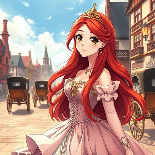 A young girl with long red hair is standing on a cobblestone street, wearing a pink dress and a gold tiara. Behind her, there are two horse-drawn carriages, one brown and the other black, parked along the street. The background features buildings of various sizes and designs, including a tall tower and a smaller building with a balcony.
