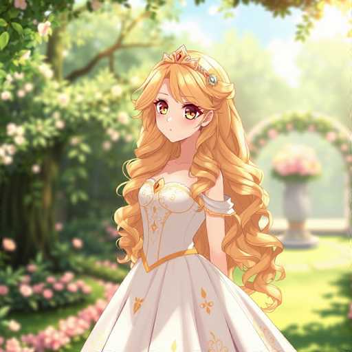 This image features an anime-style illustration of a young woman with long, curly blonde hair that cascades down to her waist. She is adorned with a tiara that has a central jewel and a side jewel, adding a touch of elegance to her appearance. Her eyes are a striking yellowish-brown, and she has a small, delicate nose. She is dressed in a white gown with intricate gold embroidery, which includes a V-shaped design at the waist and a gold belt. The dress has short sleeves that are slightly off her shoulders, and a gold brooch embellishes the neckline. The background is a lush garden filled with greenery and pink flowers, with a stone archway visible in the distance. The scene is bathed in sunlight, casting a warm glow over the entire setting.