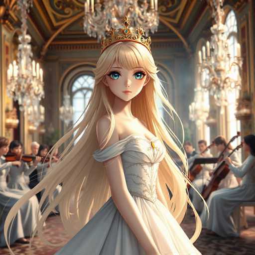 The image depicts a highly detailed, computer-generated scene reminiscent of a video game or an animated movie. At the center stands a young woman with long, flowing blonde hair and striking blue eyes, adorned with a golden crown. She is dressed in an elegant white gown, which features a single strap on her right shoulder and a low neckline. The background reveals a grand, ornate room with a high ceiling, adorned with chandeliers and large windows that allow natural light to flood in. Surrounding the central figure are several musicians, all dressed in white, playing various string instruments such as violins and cellos. The room's floor is covered with a rich, red carpet, adding to the luxurious atmosphere. The overall composition suggests a formal or ceremonial setting, possibly a royal ball or a grand performance.