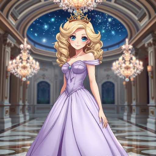 A cartoon girl with blonde hair and blue eyes is standing in a grand room with white walls and columns, wearing a purple dress that reaches down to her knees. She is holding a crown on her head. The background features a large chandelier hanging from the ceiling, casting light onto the scene below.