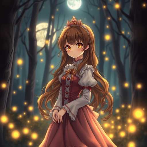 This image features an anime-style illustration of a young girl with long, flowing brown hair adorned with a small crown. She has striking yellow eyes and is dressed in a Victorian-inspired outfit, consisting of a red dress with white sleeves and a bow at the neckline. The girl stands in a serene forest setting, surrounded by tall, leafless trees that create a mystical atmosphere. The ground is covered with lush green grass, and numerous glowing yellow orbs float around her, adding a magical touch to the scene. Above her, a full moon casts a soft light, enhancing the enchanting ambiance of the forest.