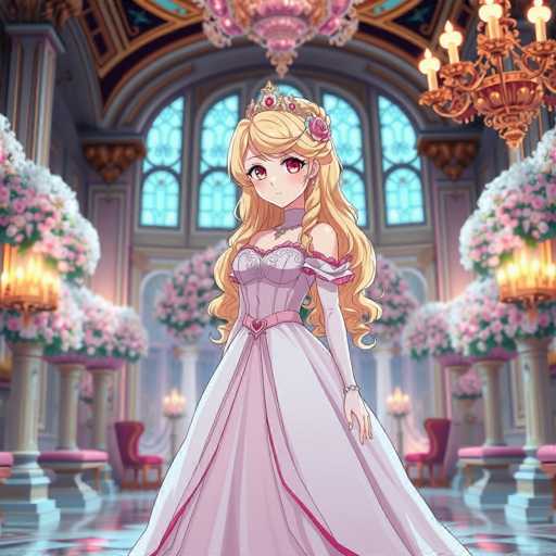 The image depicts a detailed, computer-generated scene reminiscent of an anime or video game. At the center stands a young woman with long, curly blonde hair adorned with a pink rose and a crown studded with pink jewels. She has striking pink eyes and is dressed in an elaborate gown that transitions from a light purple at the top to a white skirt, featuring a pink belt with a heart-shaped buckle. The dress is complemented by long gloves that extend to her elbows. She stands in a grand, ornate room with a marble floor, surrounded by columns topped with lush greenery and pink flowers. The room is illuminated by chandeliers hanging from a ceiling that is painted in shades of gold and blue. In the background, there are two red chairs and a large window with stained glass, adding to the room's majestic ambiance.