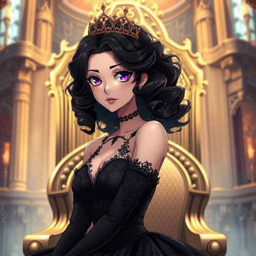 This image features a striking anime-style character with long, curly black hair and large, captivating purple eyes. She is adorned with a delicate gold crown and wears a black choker around her neck. Her attire consists of a black dress with intricate lace details, complemented by long gloves that extend up to her elbows. The character is seated on an ornate gold throne, which is positioned in front of a grand, golden building. The building's facade is adorned with numerous windows and columns, adding to the majestic atmosphere. The character gazes directly at the viewer, exuding an air of regality and elegance.