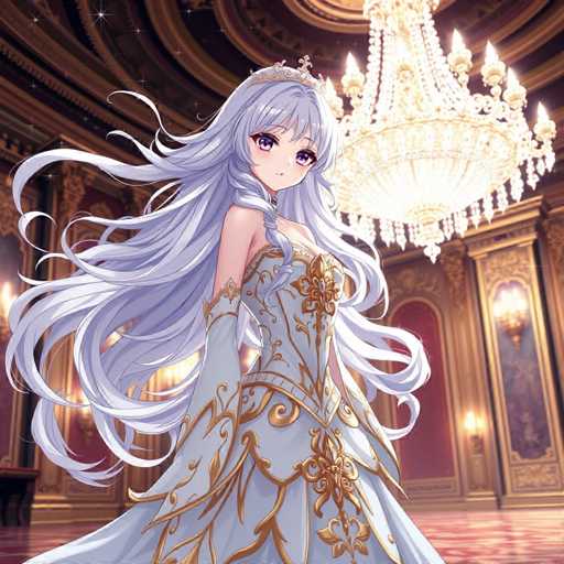 In this captivating image, a young woman stands gracefully in the center of an opulent ballroom. She is adorned in a stunning white dress, intricately detailed with gold embroidery that forms elegant floral patterns. The dress features a sweetheart neckline and is complemented by long, flowing sleeves that extend to her elbows. Her attire is completed with a delicate tiara perched atop her head, adding a touch of regal elegance.

Her long, flowing hair cascades down her back, with a single braid elegantly draped over her shoulder. Her striking purple eyes and the subtle hint of a smile on her face add to her ethereal beauty. The ballroom around her is equally grand, with walls adorned in rich red and gold hues, creating a warm and luxurious atmosphere. A magnificent chandelier hangs from the ceiling, casting a soft glow over the scene. The floor beneath her is a deep red, reflecting the light and adding to the room's grandeur. The overall ambiance of the image is one of timeless beauty and refined elegance.
