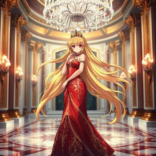 The image depicts a grand, opulent room reminiscent of a castle's ballroom. The floor is adorned with intricate white tiles featuring red patterns, while the walls are painted in a rich brown hue, accented with gold trim. The ceiling is adorned with a magnificent chandelier, adding to the room's luxurious ambiance. 

At the center of the room stands an anime-style girl, exuding elegance and grace. She has long, flowing blonde hair that cascades down to her waist, with bangs framing her face. Her striking red eyes and small, delicate nose are complemented by a golden crown atop her head. She is dressed in a stunning red gown embellished with gold floral patterns, which flows down to her feet. The dress features a sweetheart neckline and is sleeveless, with a thin band of gold trim just below the shoulders. The girl's pose is poised and graceful, with one hand resting on her chin and the other placed on her waist, embodying the regal atmosphere of the room.