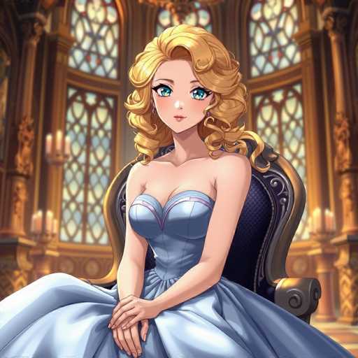 This image features an anime-style illustration of a woman with strikingly large blue eyes and long, curly blonde hair. She is seated on an ornate black chair with intricate gold trim, which is positioned in the center of a grand, castle-like room. The room is adorned with numerous large windows framed in gold, each featuring intricate designs. Candelabras with three candles each are placed on the windowsills, adding to the room's opulent atmosphere. The woman is dressed in a strapless blue dress that cinches at the waist and flares out into a voluminous skirt. Her hands are elegantly folded in her lap, and she gazes directly at the viewer with a composed expression.